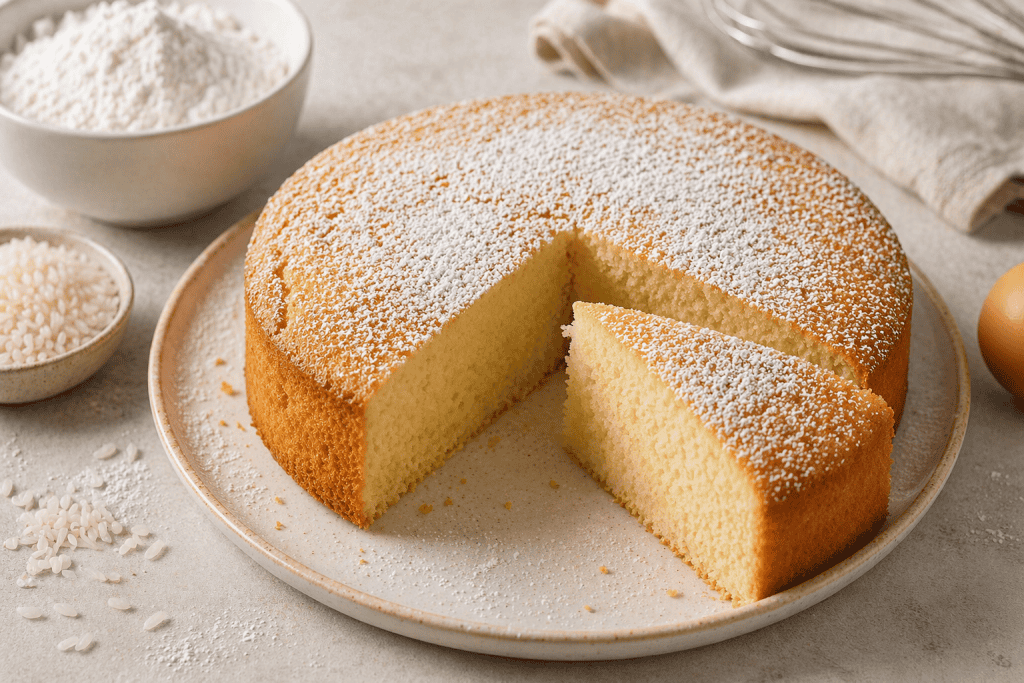 Gâteau à la farine de riz posé sur une assiette blanche