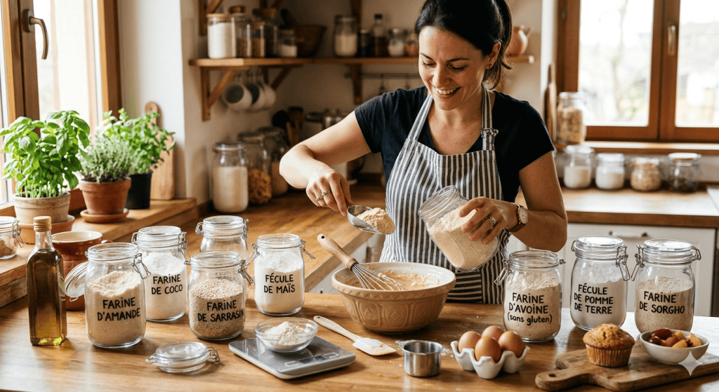 Femme cuisinant avec différentes farines naturelles dans une cuisine chaleureuse.